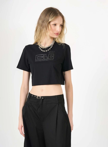 Camiseta Regular Cropped Com Detalhe Frontal