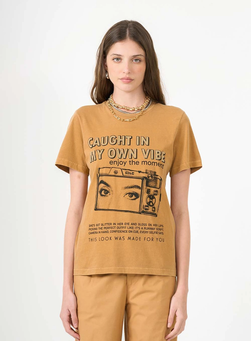 Camiseta Regular Estampada Com Aplicação Marrom 1