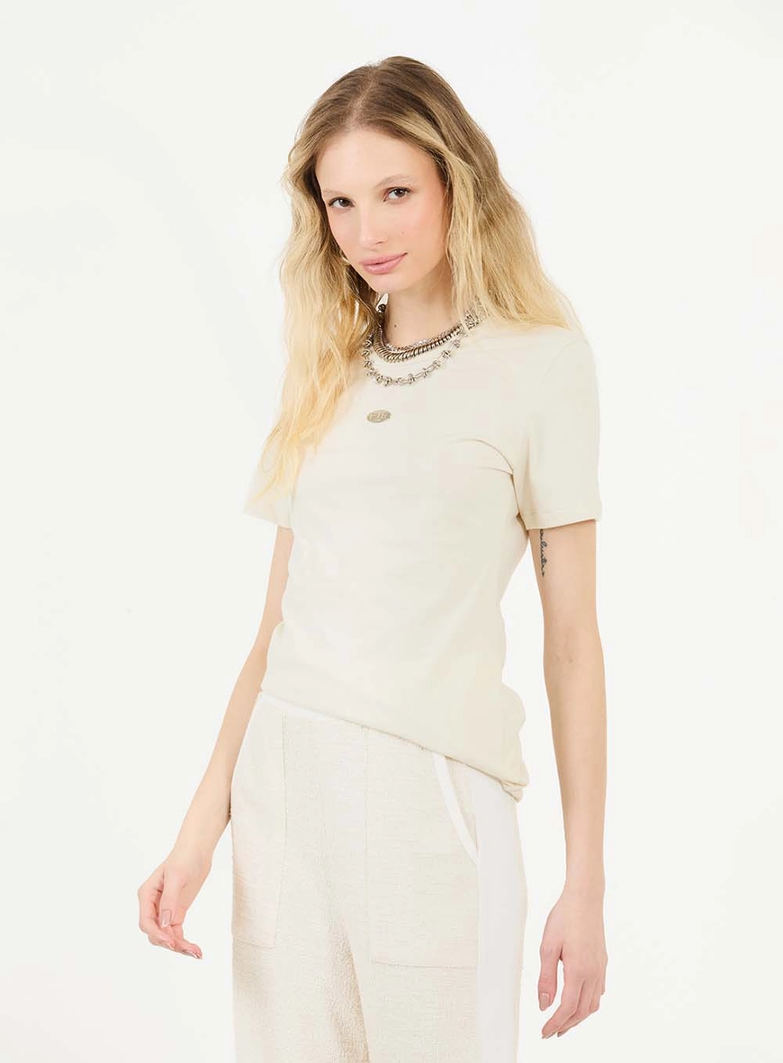 Camiseta Básica Slim Com Detalhe Bege Italian 1
