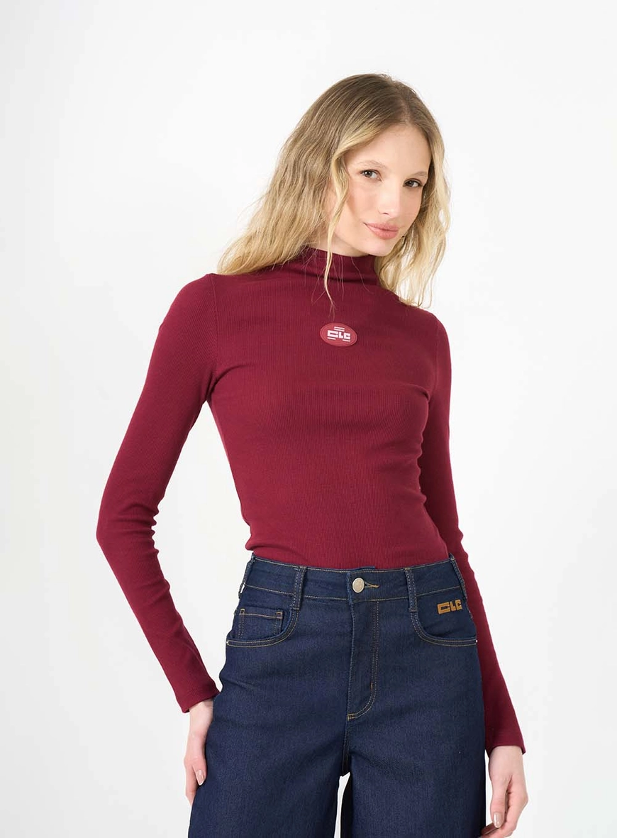 Blusa Slim Gola Alta Canelada Manga Longa Bordô 1