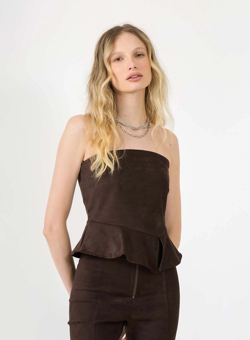 Blusa Tomara Que Caia Peplum Em Camurça Marrom 1