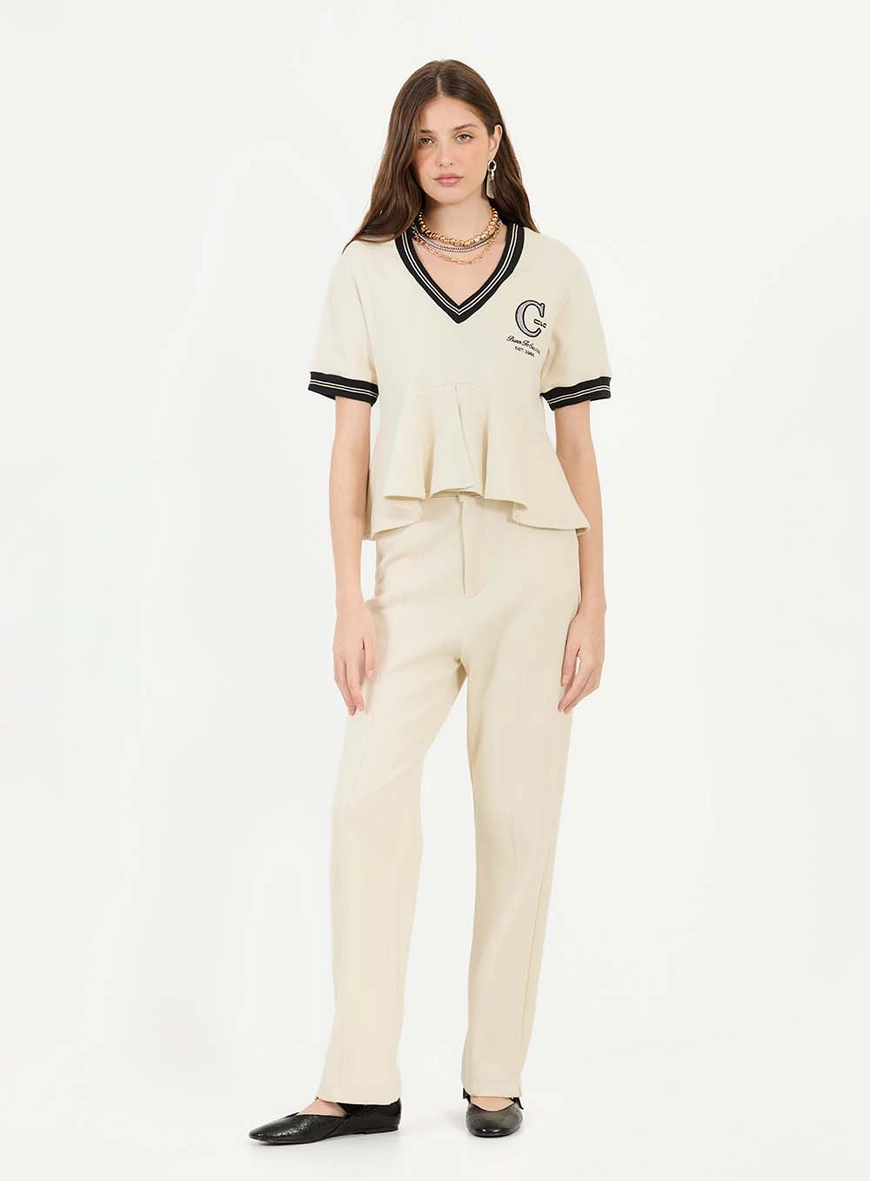 Blusa Comfort Com Gola V Com Retilínea Bege Italian 3