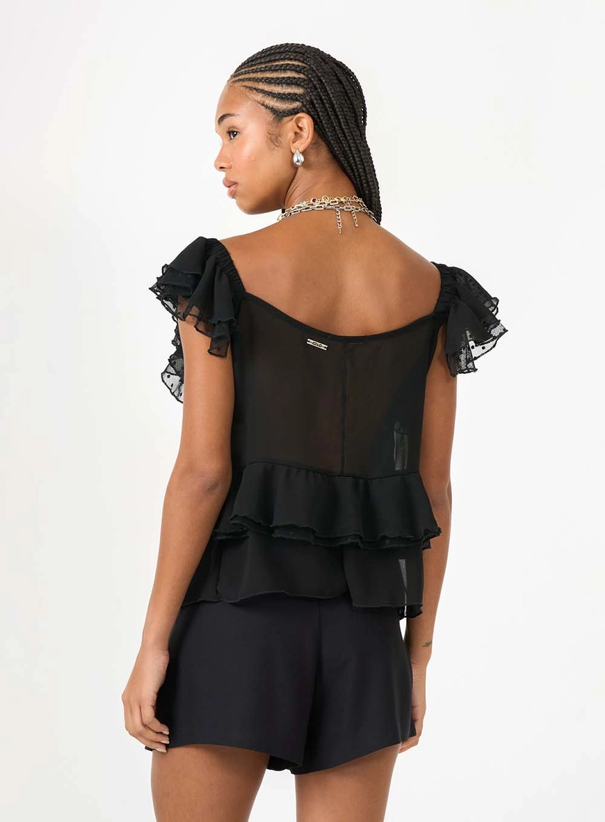 Blusa Comfort Com Detalhe Tule Com Babados Preto 2