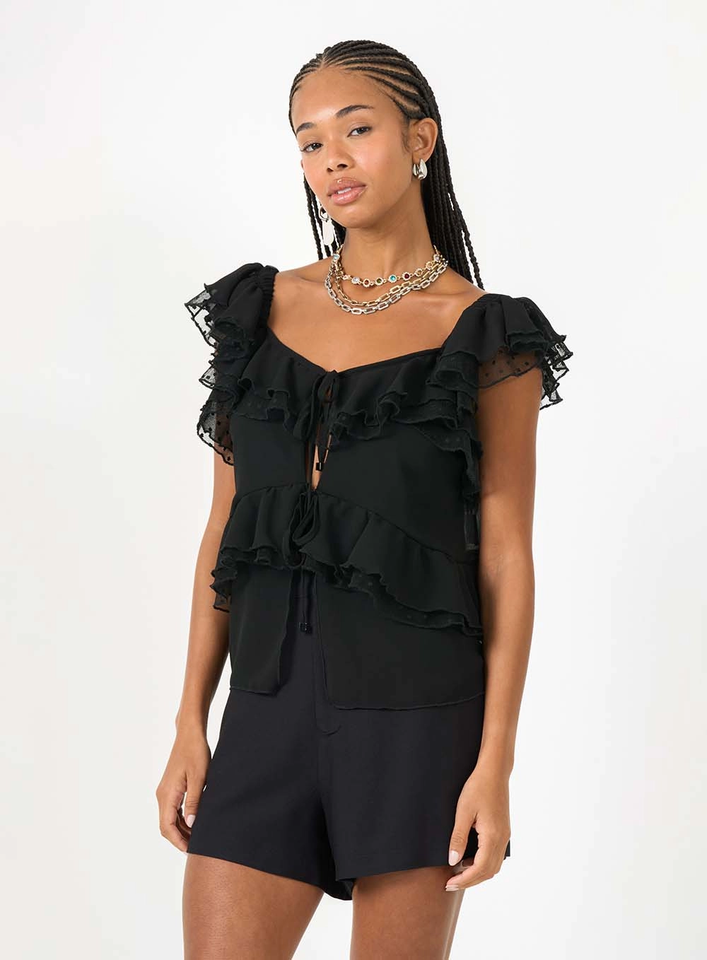 Blusa Comfort Com Detalhe Tule Com Babados Preto 1