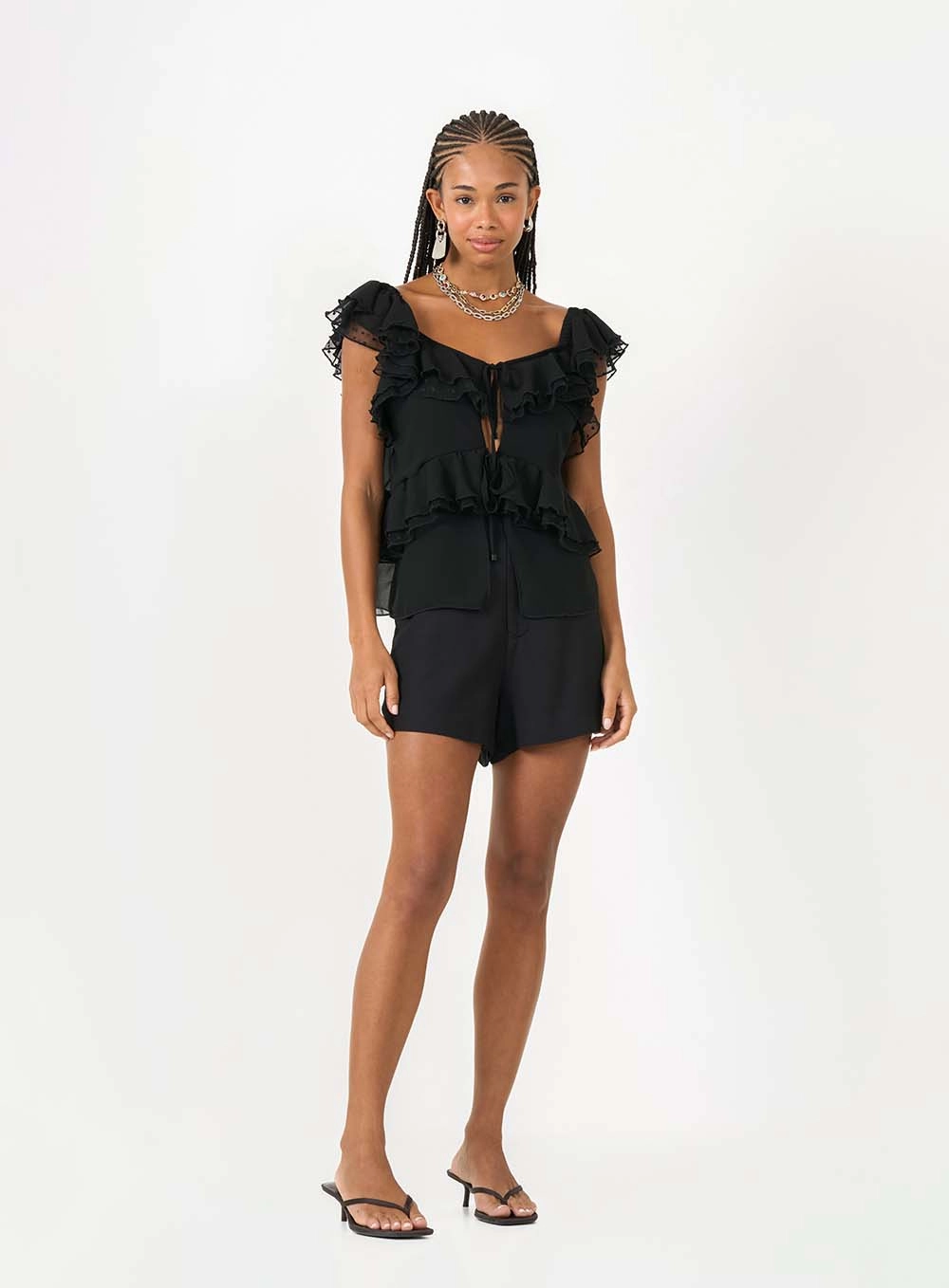 Blusa Comfort Com Detalhe Tule Com Babados Preto 3