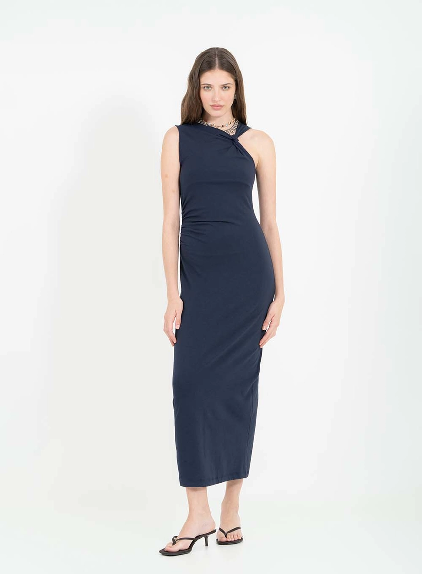 Vestido Midi Slim Com Detalhe Torção Azul 1