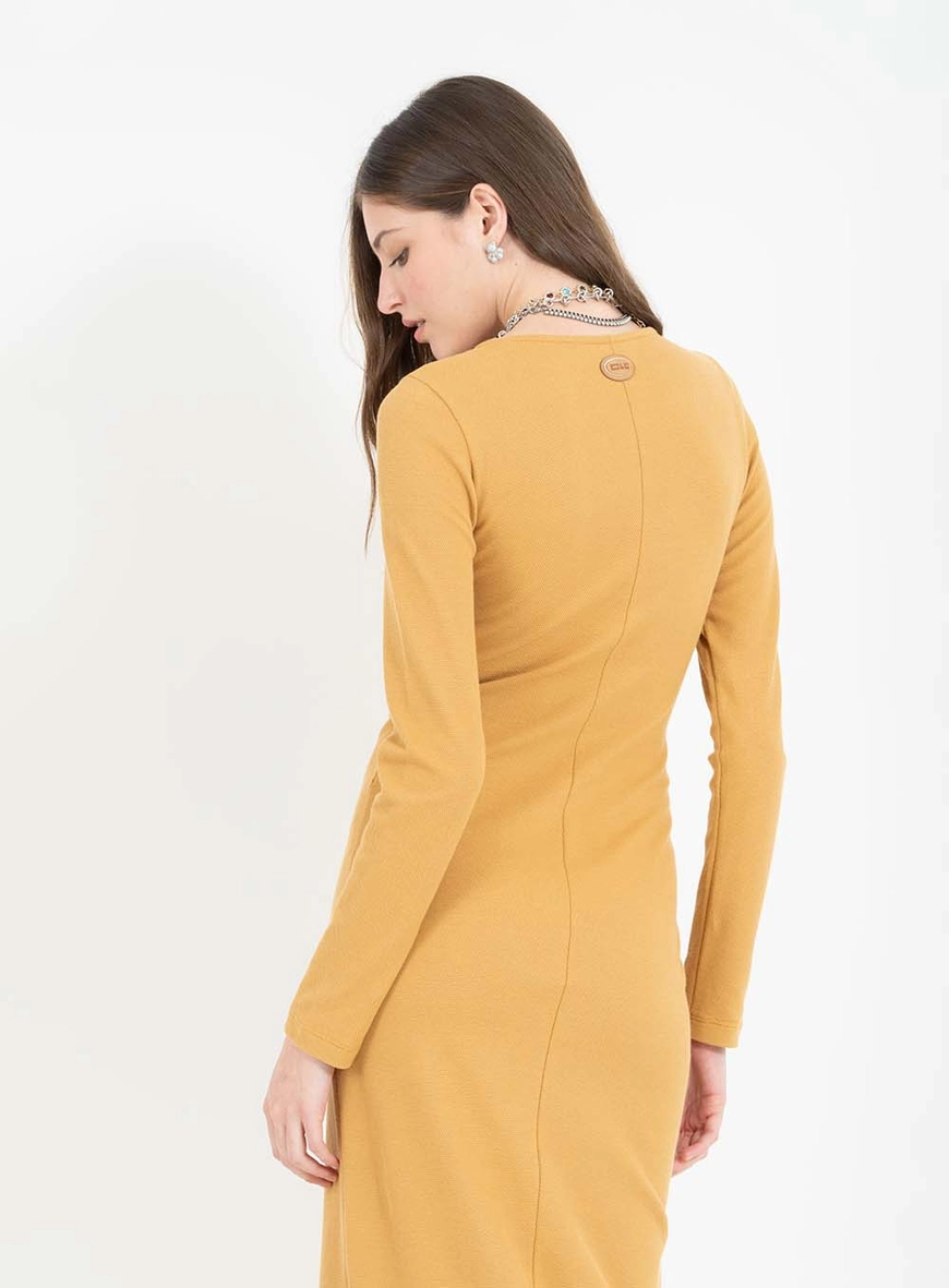 Vestido Midi Small Texturizado Manga Longa Marrom 4