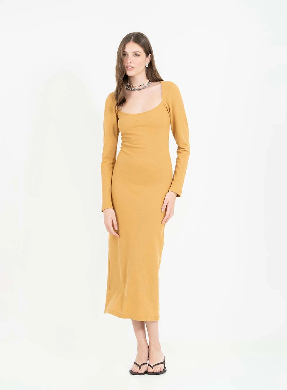 Vestido Midi Small Texturizado Manga Longa Marrom 1