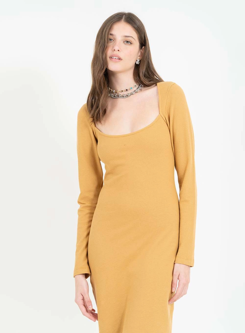 Vestido Midi Small Texturizado Manga Longa Marrom 3