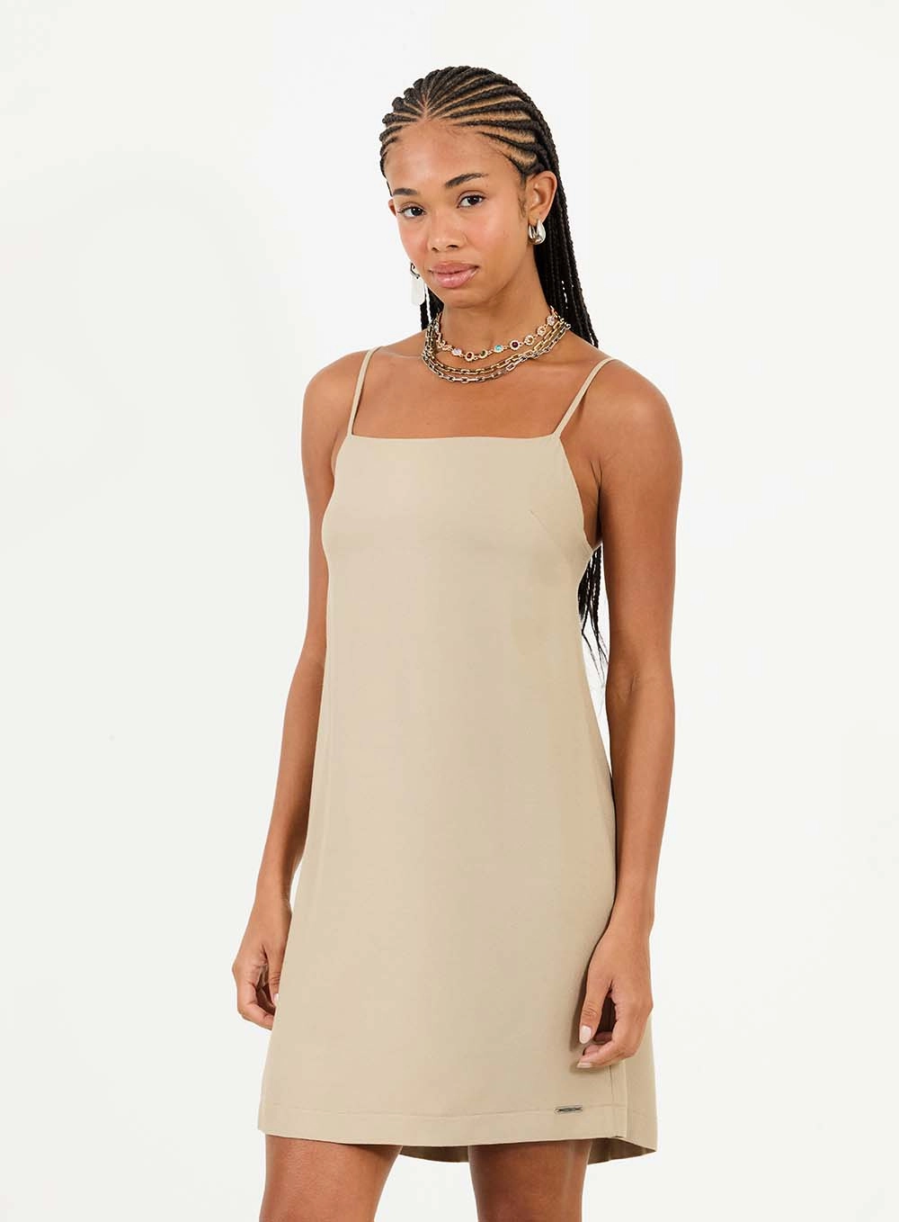 Vestido Curto Comfort Com Alças E Amarração Bege 3