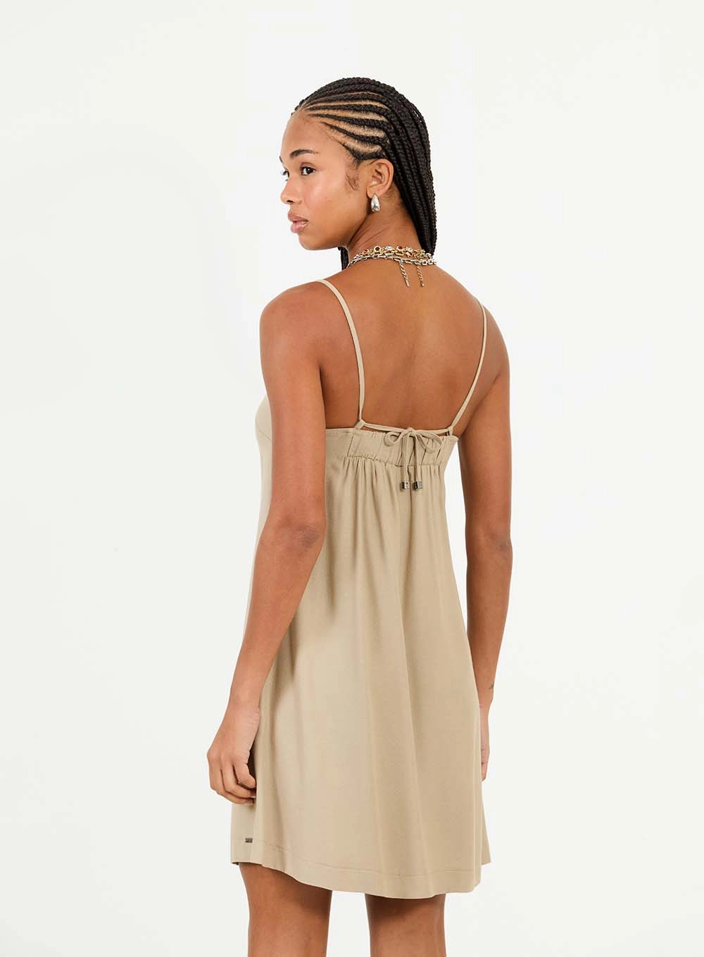 Vestido Curto Comfort Com Alças E Amarração Bege 4