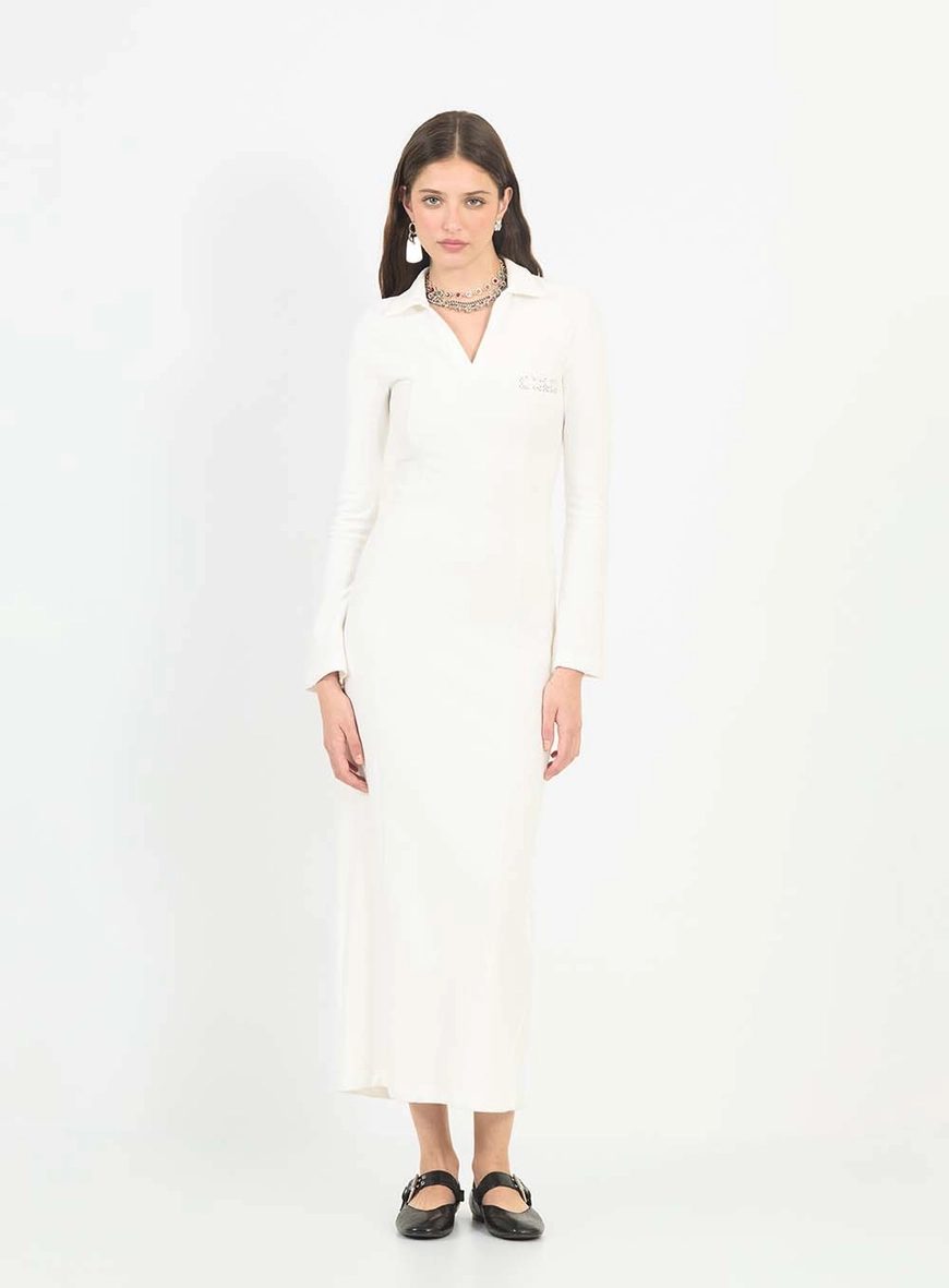 Vestido Midi Slim Polo De Malha Sarja Manga Longa Off Shell 1