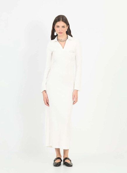 Vestido Midi Slim Polo De Malha Sarja Manga Longa