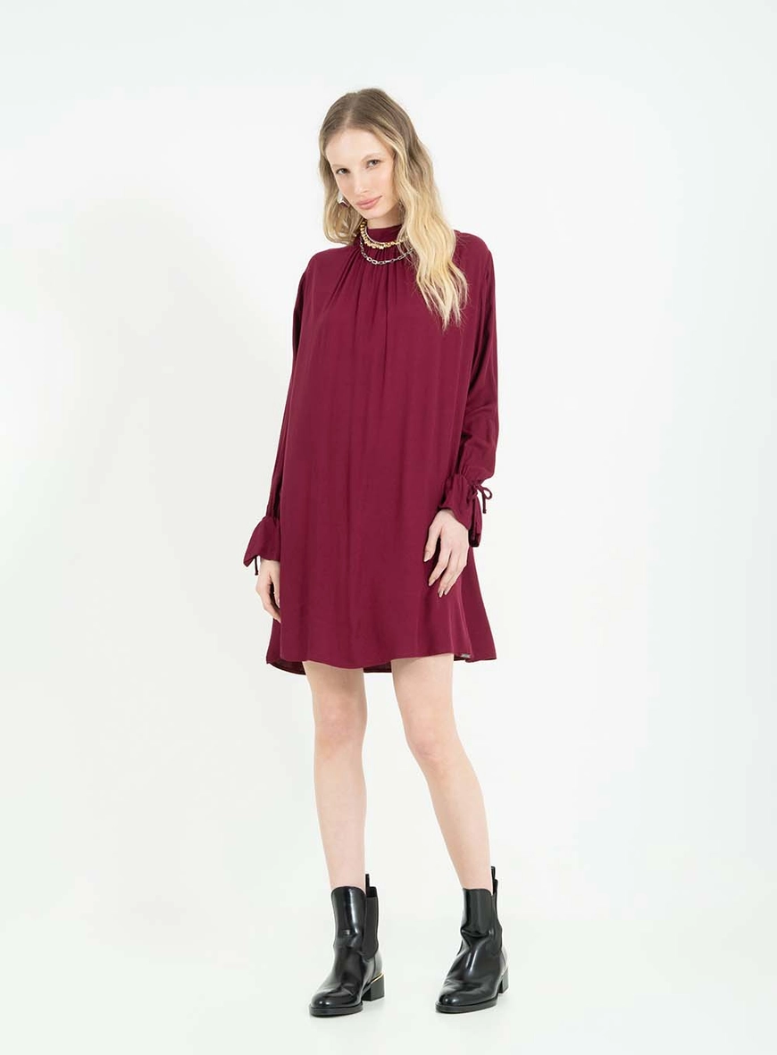 Vestido Curto Evasê Comfort Com Manga Longa Bordô 1