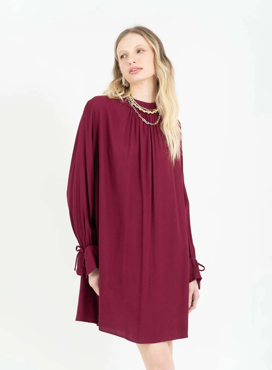 Vestido Curto Evasê Comfort Com Manga Longa Bordô 3
