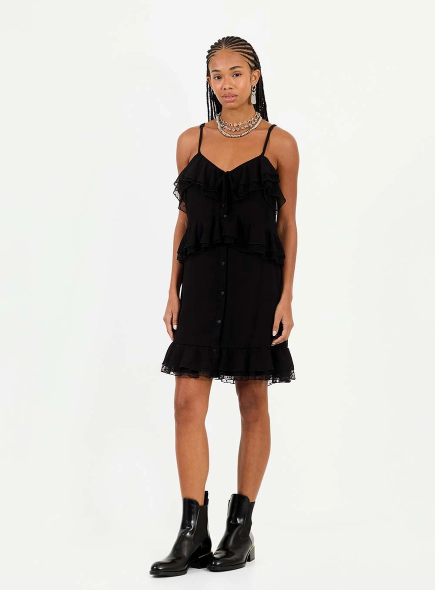 Vestido Curto Comfort Com Babado Duplo Preto 1