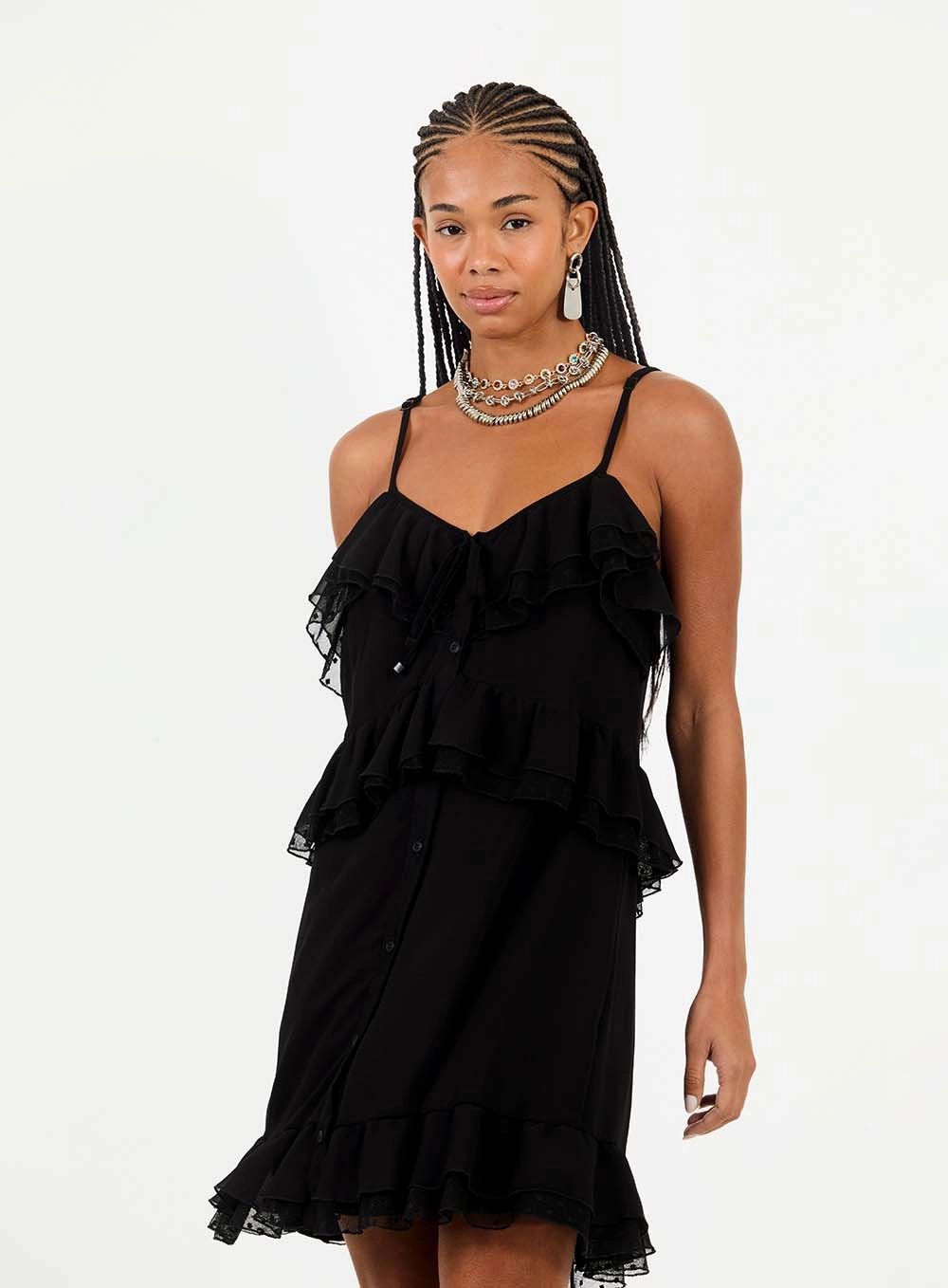 Vestido Curto Comfort Com Babado Duplo Preto 3