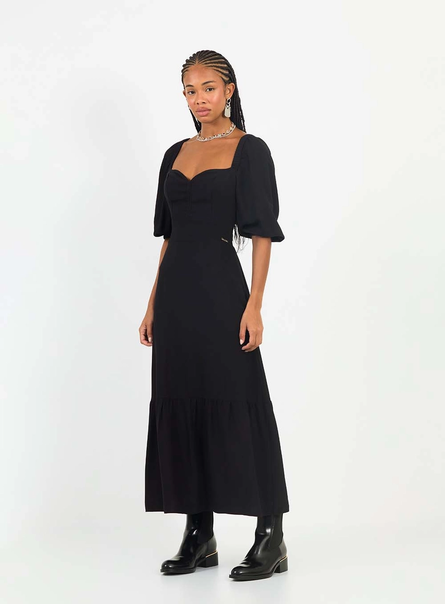 Vestido Midi Evasê Decote De Coração Com Laxtex Preto 1