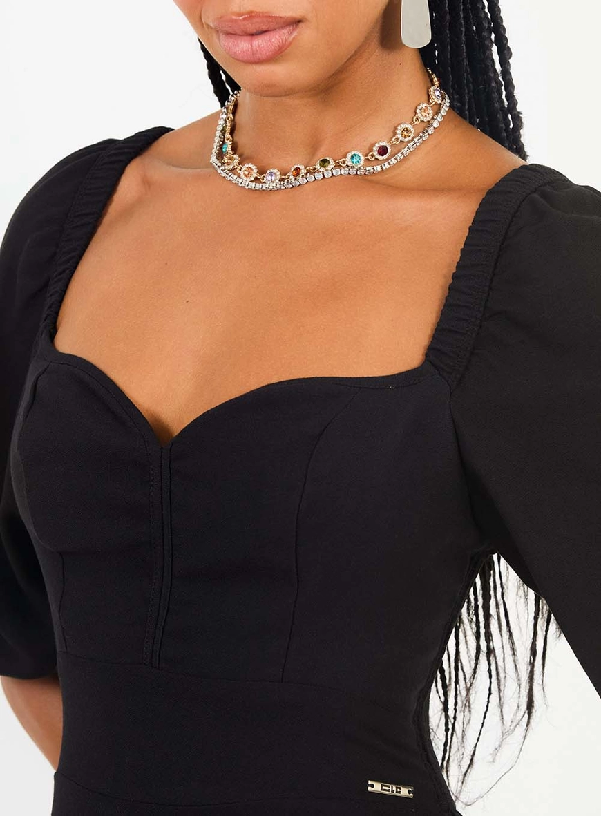 Vestido Midi Evasê Decote De Coração Com Laxtex Preto 5