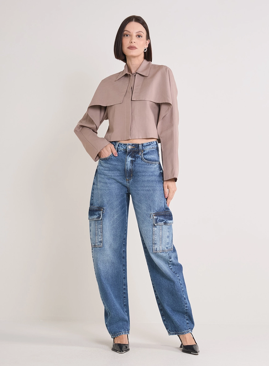 Calça Jeans Feminina Barrel Com Bolso Cargo Índigo