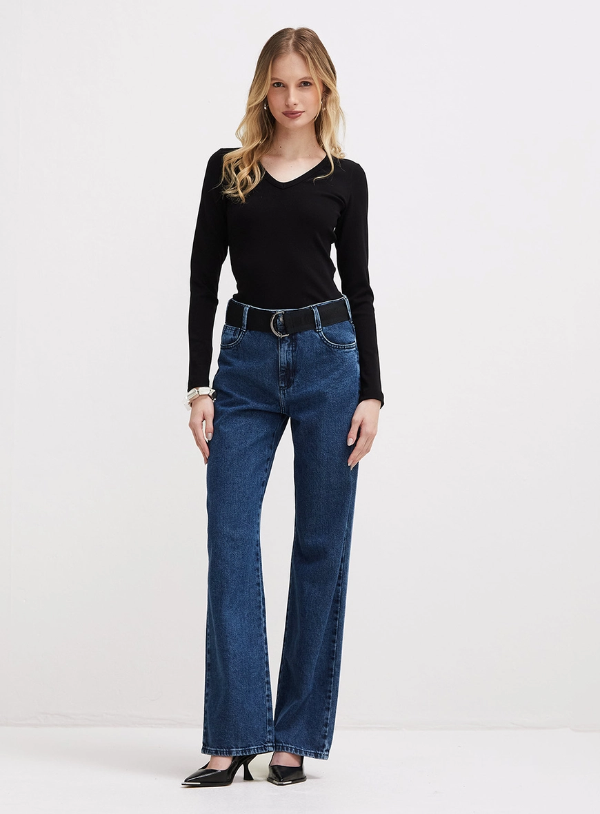 Calça Jeans Feminina Raquel Wide Leg Com Cinto Índigo