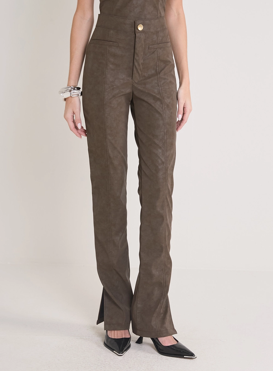 Calça Feminina Slim Barra Com Fenda Marrom