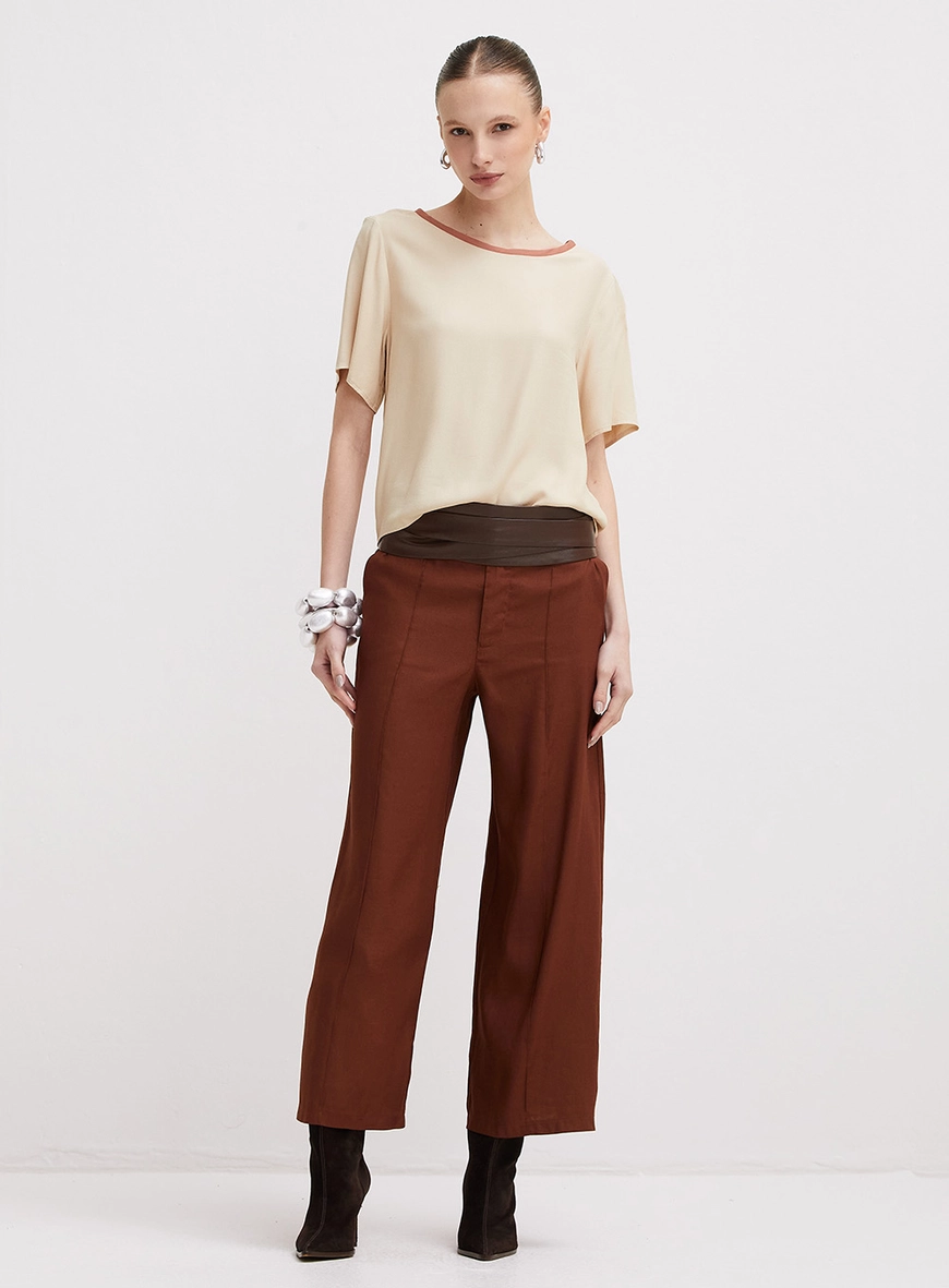 Calça Feminina Alfaiataria Cintura Alta Marrom
