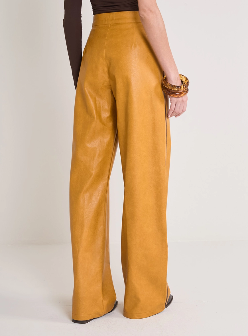 Calça Feminina Reta Pu Cintura Alta Amarelo