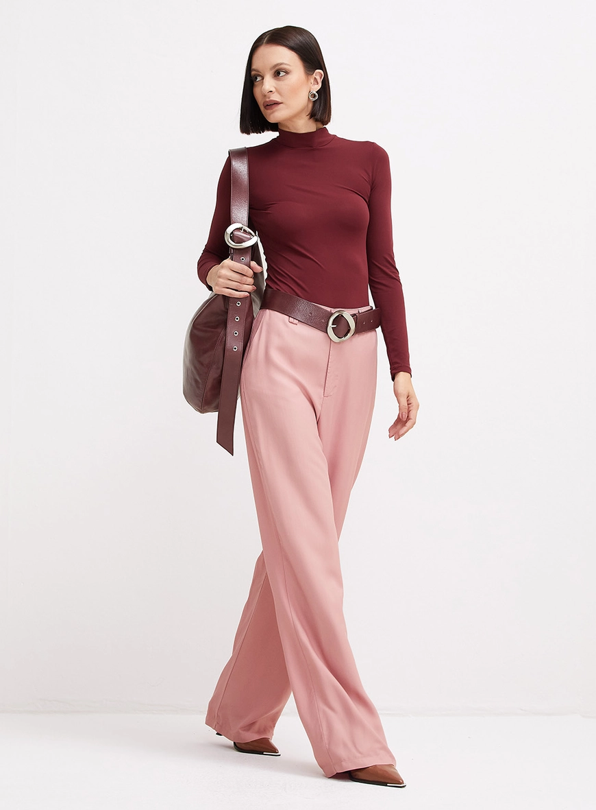 Calça Feminina Alfaiataria Ampla Cintura Alta Rosa