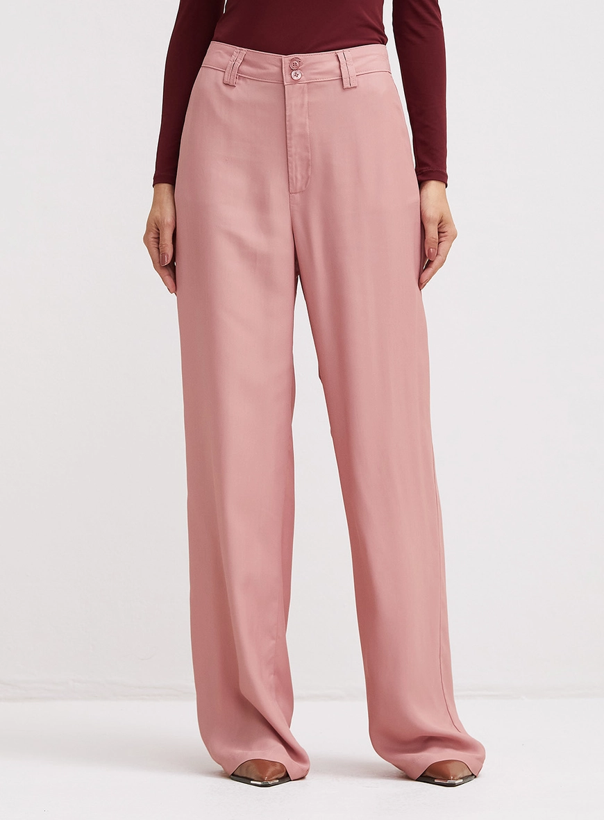 Calça Feminina Alfaiataria Ampla Cintura Alta Rosa