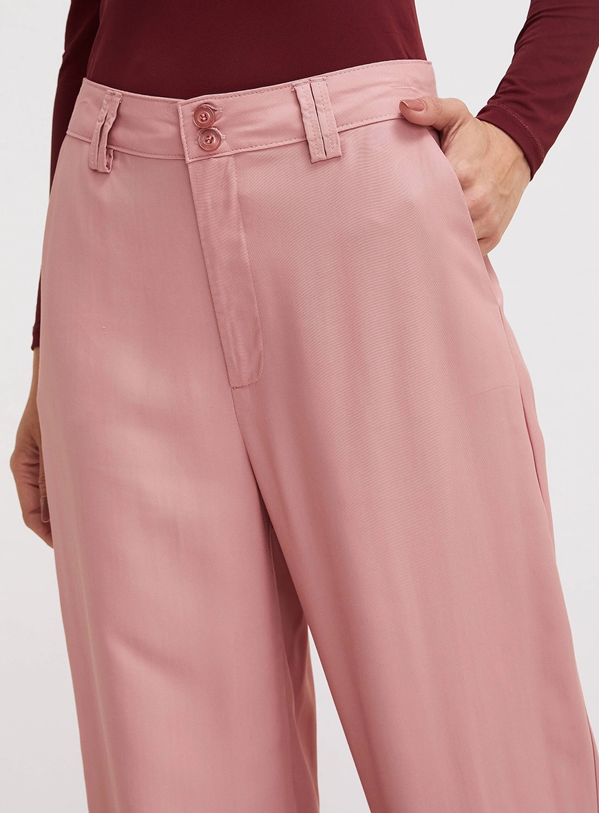 Calça Feminina Alfaiataria Ampla Cintura Alta Rosa