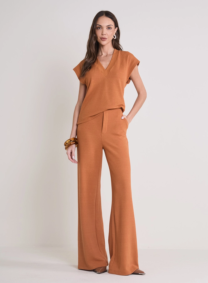 Calça Alfaiataria Feminina Texturizada Cós Alto Bege