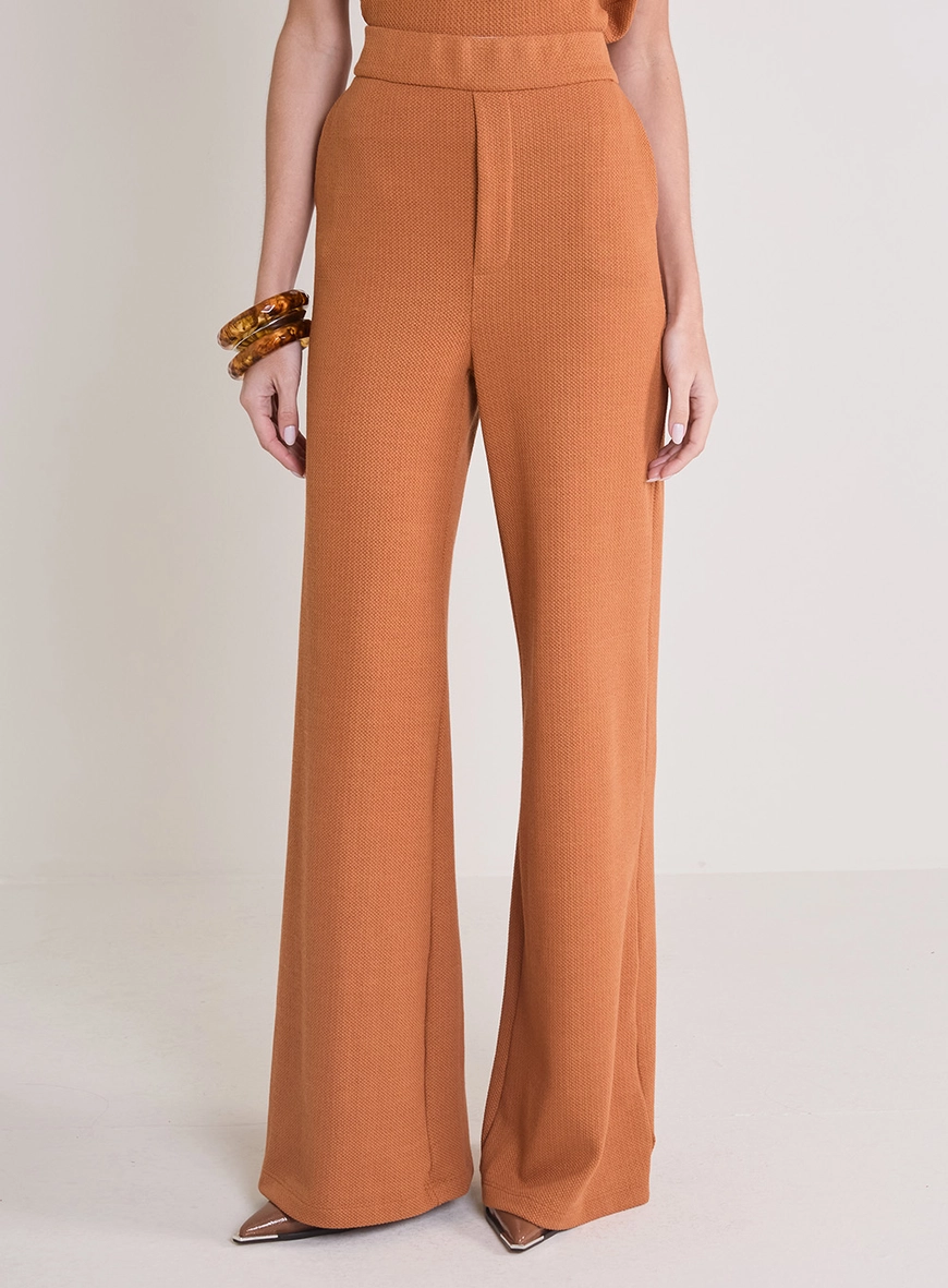 Calça Alfaiataria Feminina Texturizada Cós Alto Bege