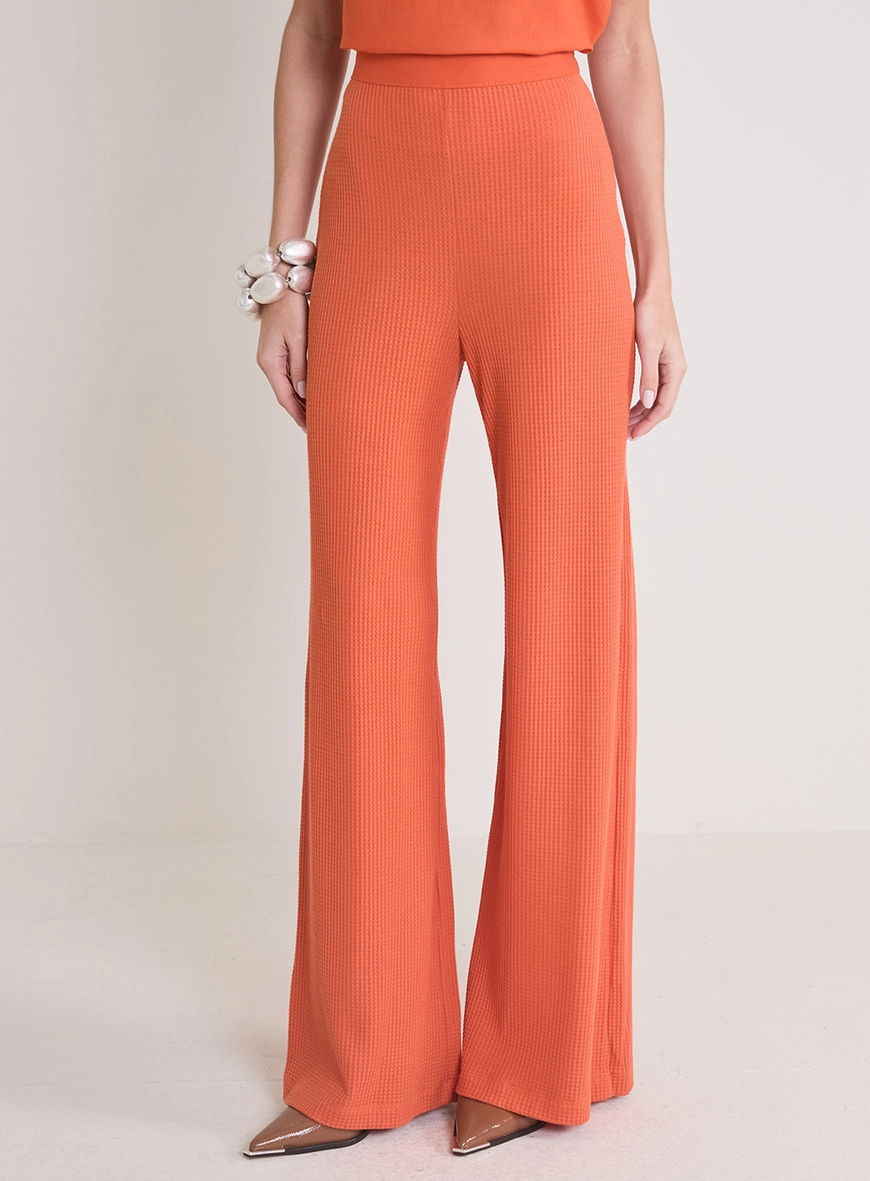 Calça Feminina Solta Texturizada E Cós Alto Laranja