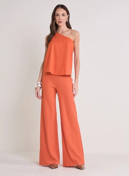 Calça Feminina Solta Texturizada E Cós Alto
