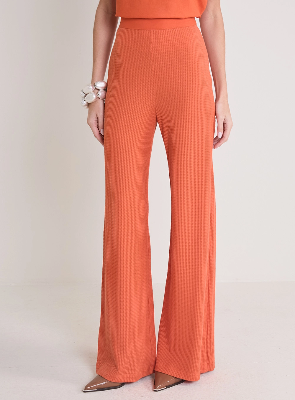 Calça Feminina Solta Texturizada E Cós Alto Laranja 2