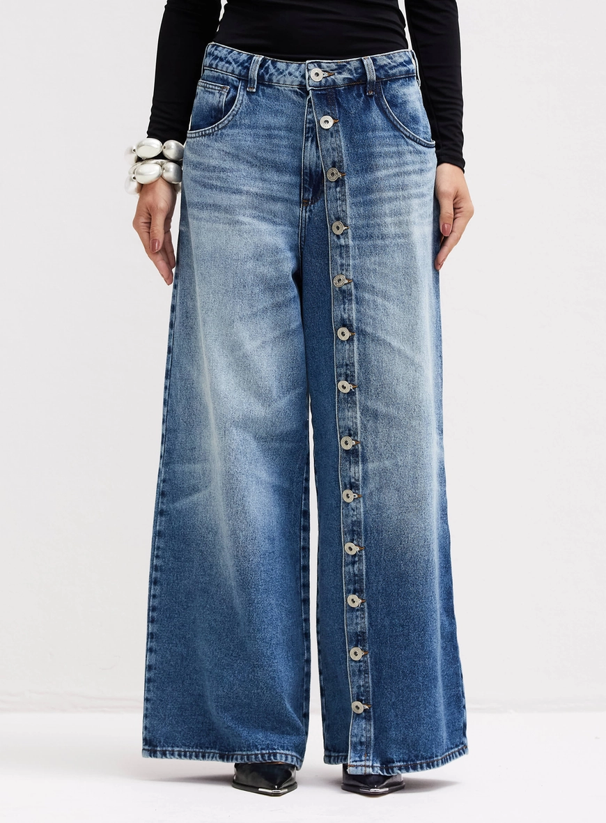 Calça Jeans Feminina Baggy Com Detalhe Frontal Índigo