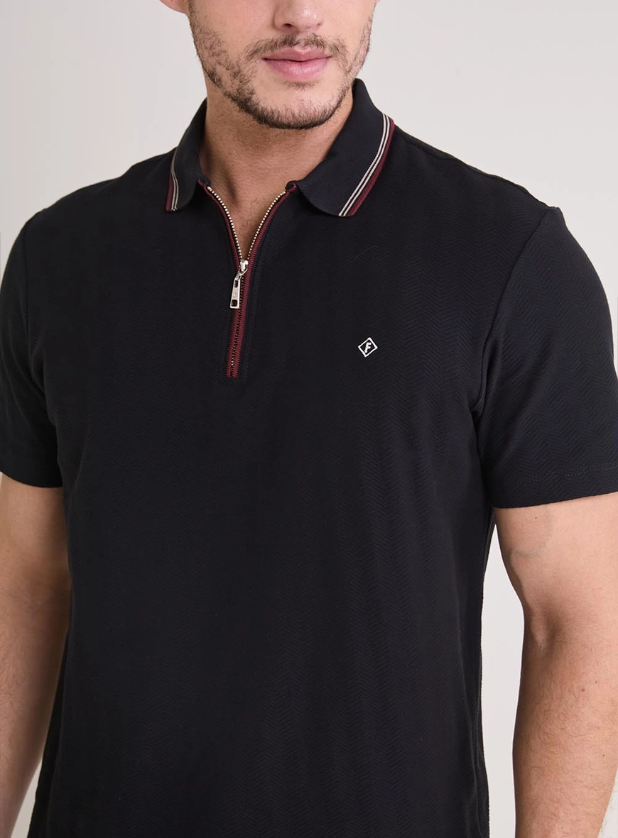 Polo Masculina Muscle Zíper Jacquard Preto