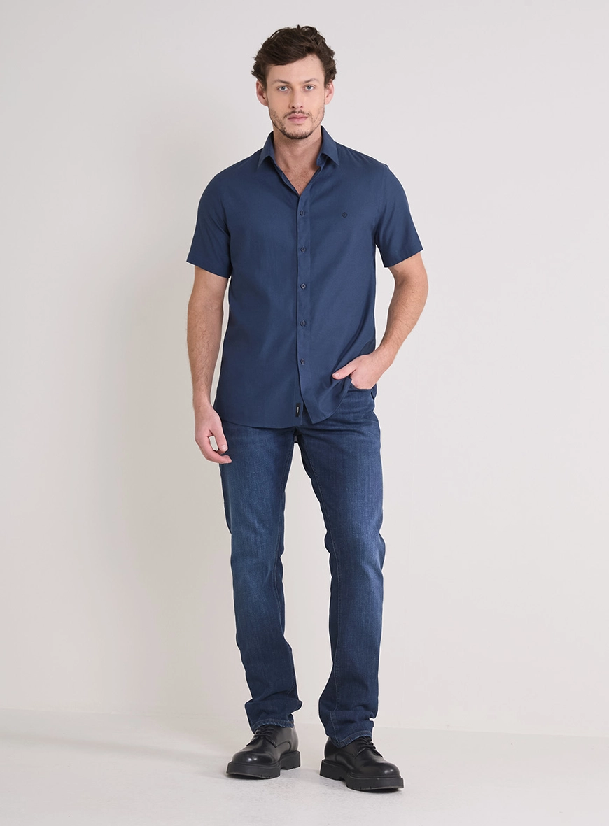 Camisa Masculina Slim Fit Manga Curta Azul