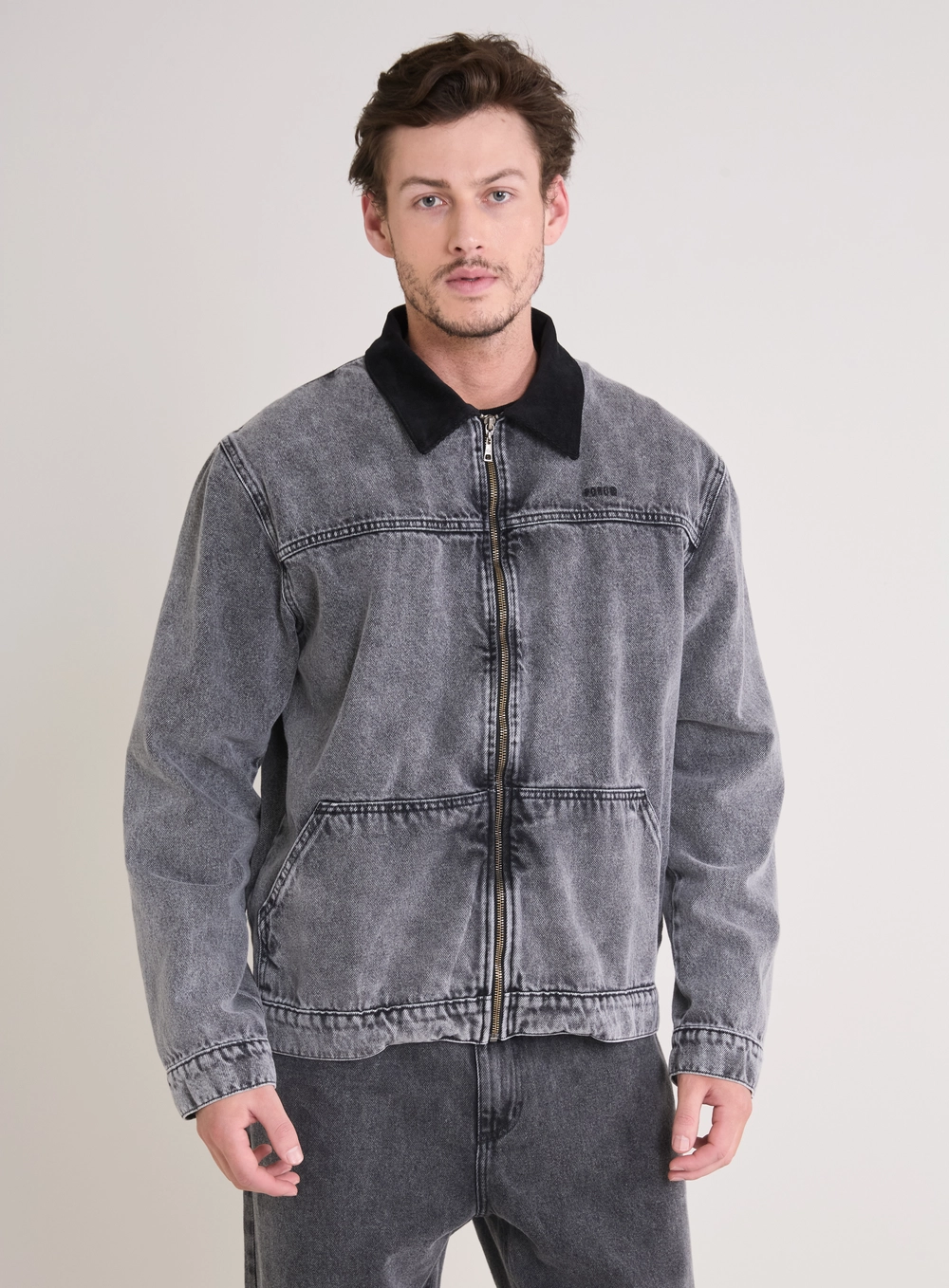 Jaqueta Jeans Masculina Vintage Detalhe Veludo Indigo Preto 2