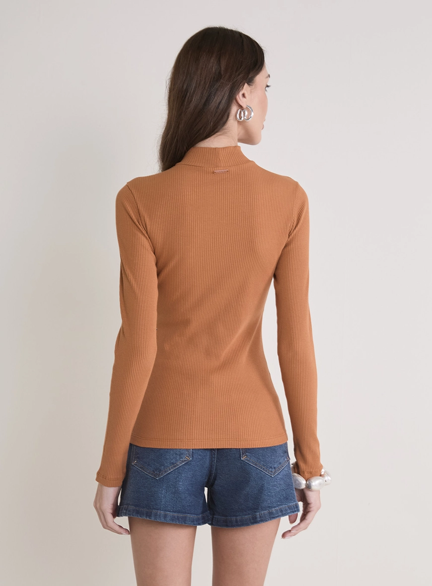 Blusa Manga Longa Canelada Gola Alta Bege