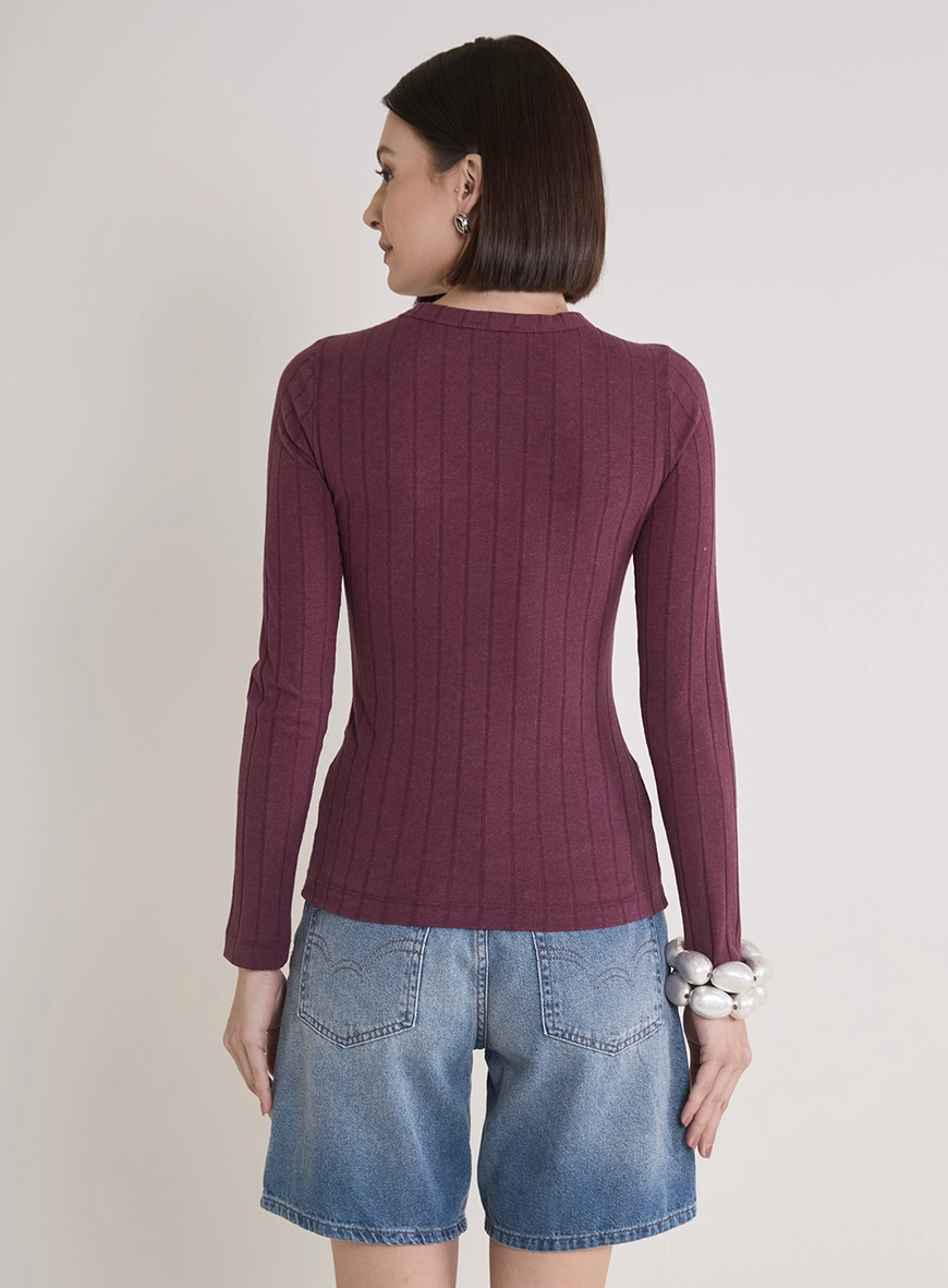 Blusa Justa De Manga Longa Com Textura Bordô
