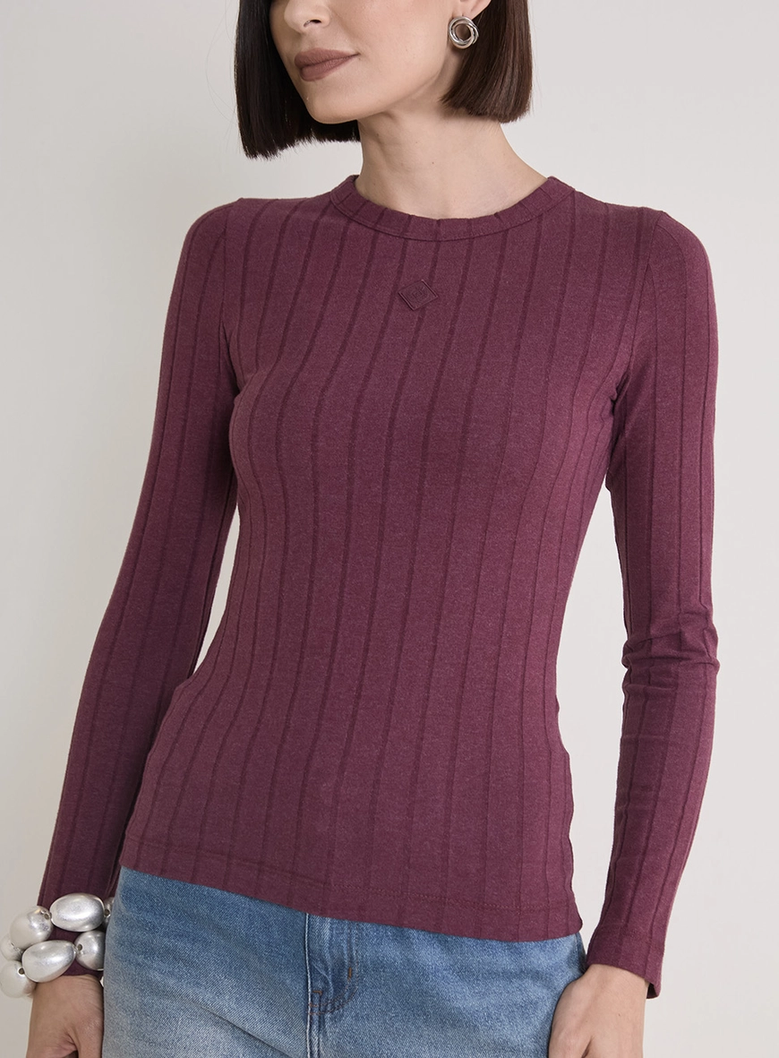 Blusa Justa De Manga Longa Com Textura Bordô