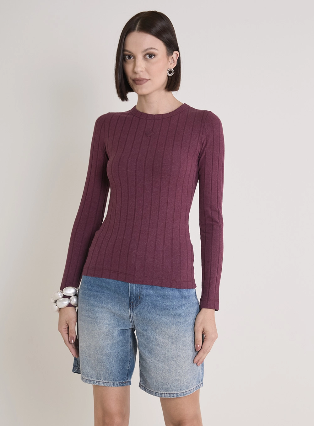 Blusa Justa De Manga Longa Com Textura Bordô 1