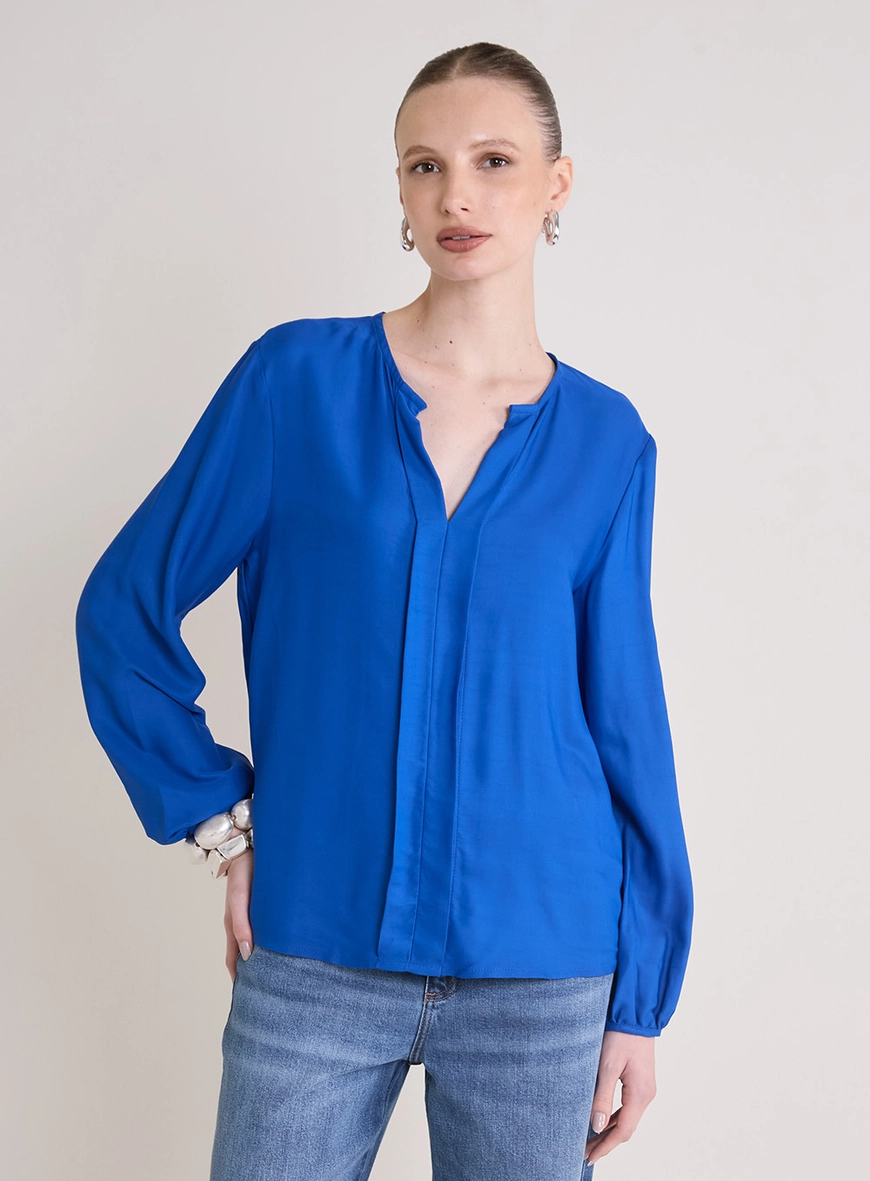 Blusa Reta Manga Longa Detalhe Frontal Azul