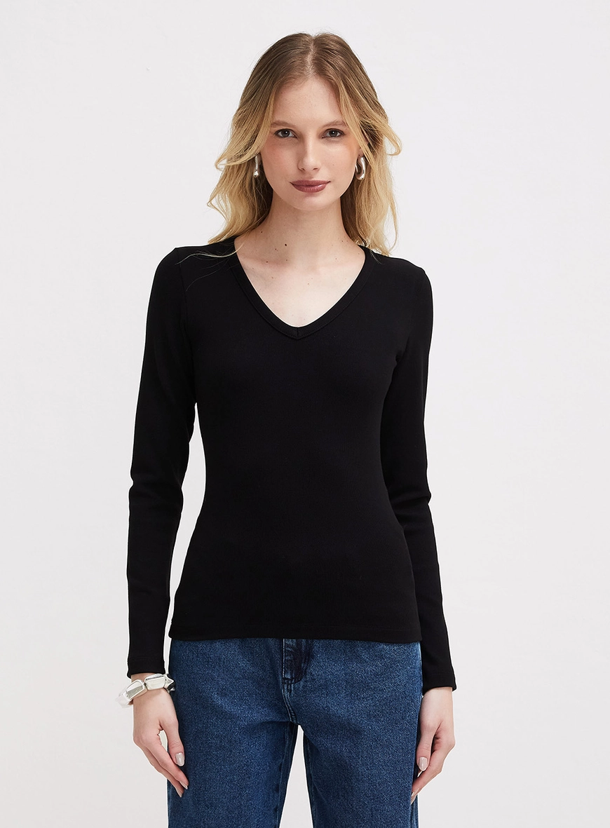 Blusa Justa De Manga Longa Com Decote V Preto