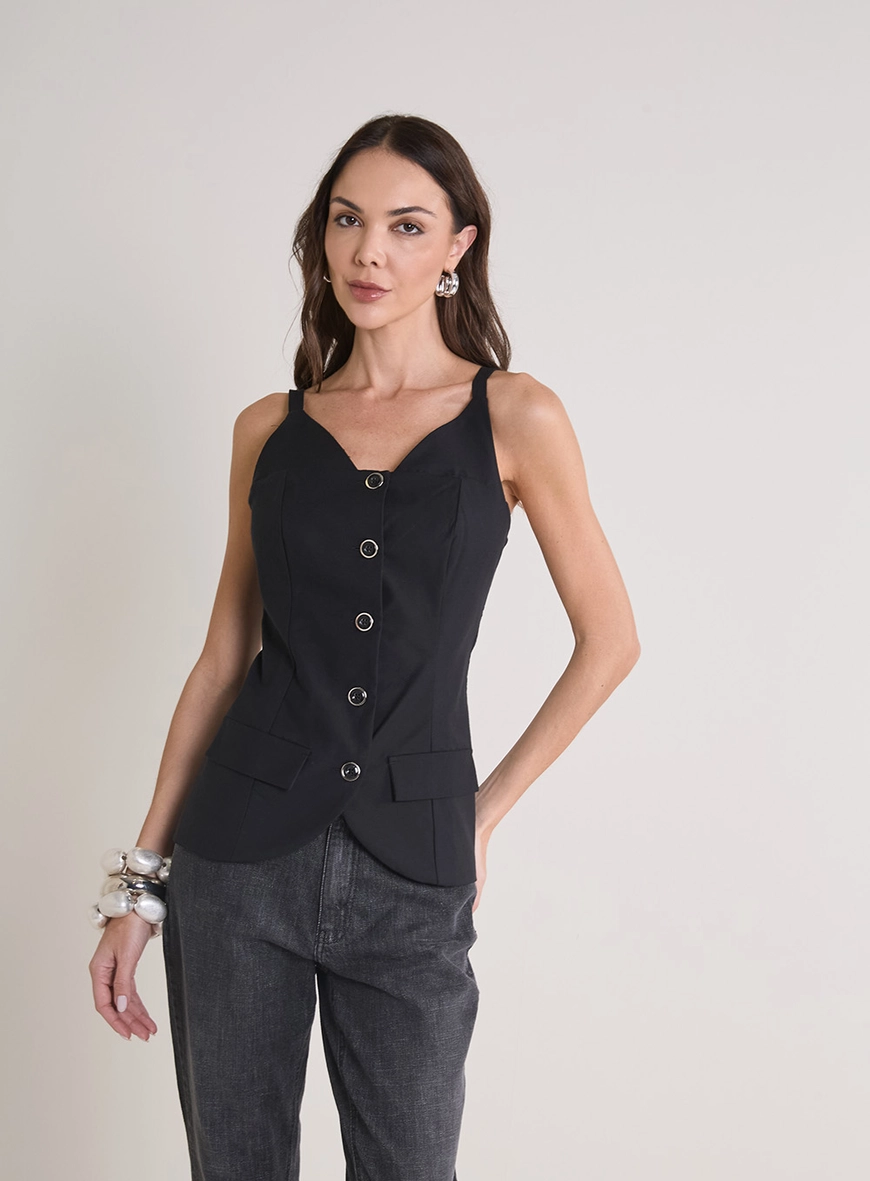 Blusa Alfaiataria Estruturada Com Botões Frontal Preto
