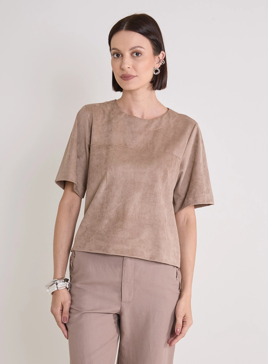 Blusa Suede Solta Decote Redondo Marrom