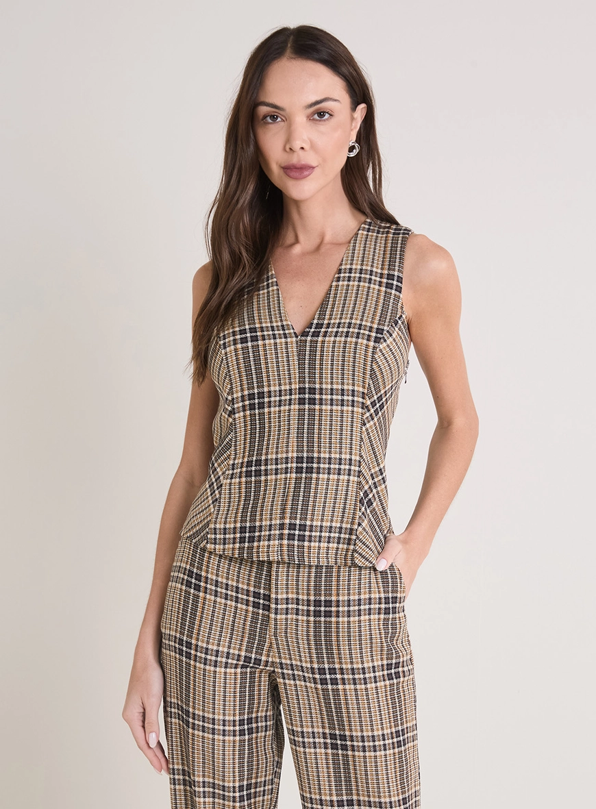 Blusa Decote V Xadrez Ombro Estruturado Estampados