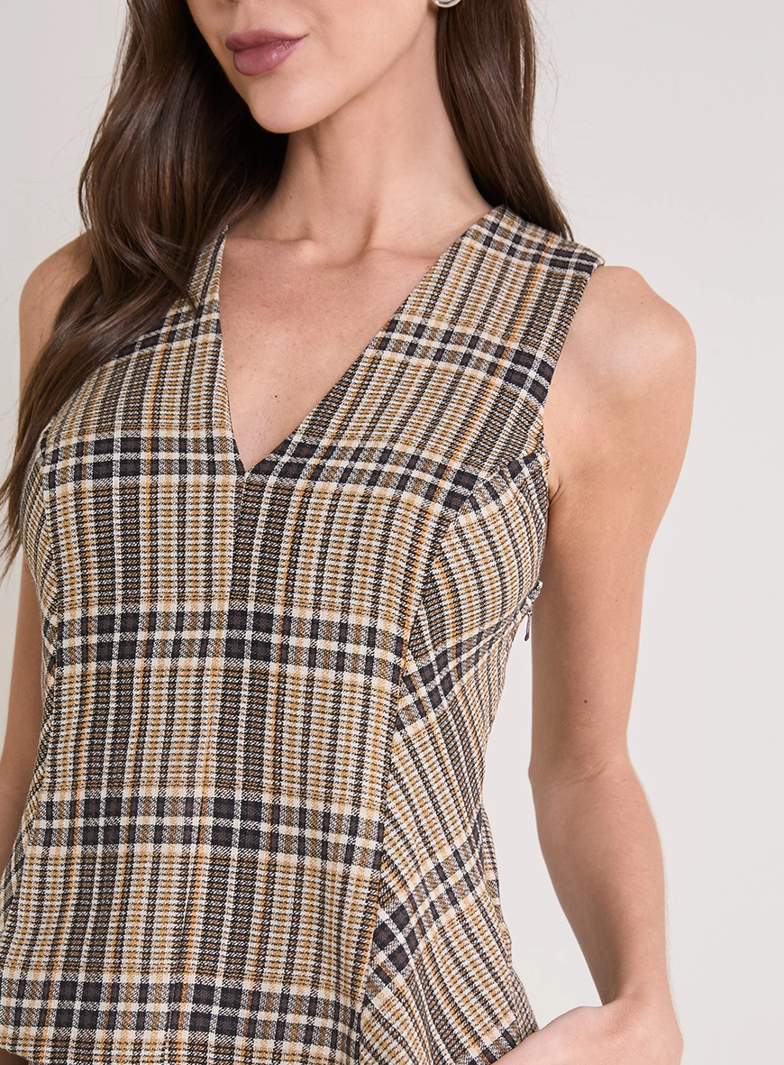Blusa Decote V Xadrez Ombro Estruturado Estampados